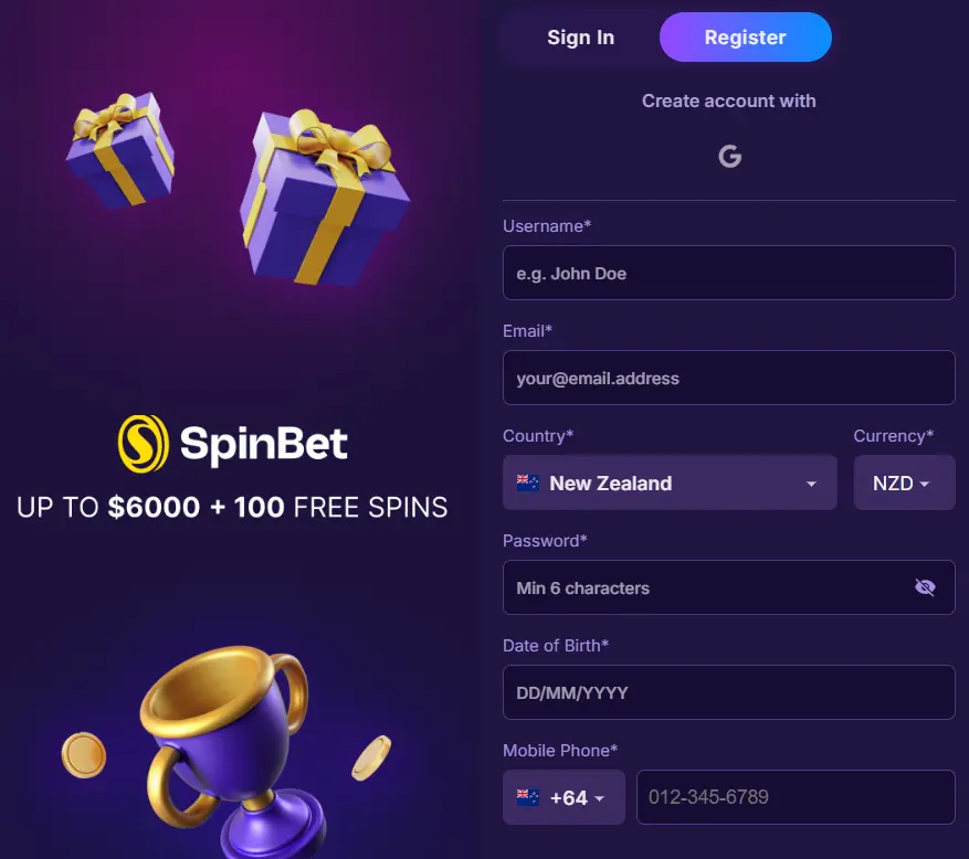 Registration at Spin Bet
